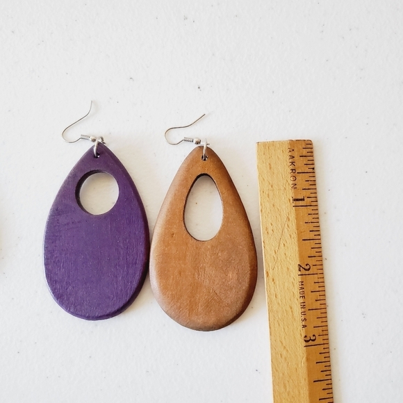 Two Pairs of Chunky Wooden Dangle Earrings Oversized Dangle Boho Retro - Picture 11 of 14